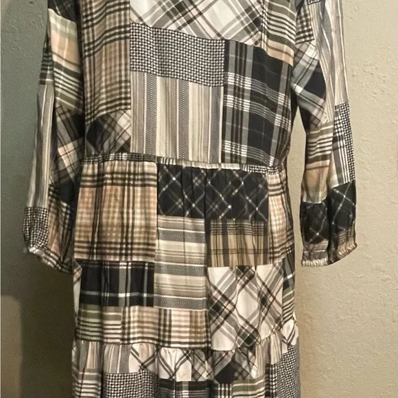 Cato cozy patchwork plaid, tiered midi dress. Collard, long sleeves, & pockets. - Picture 2 of 4
